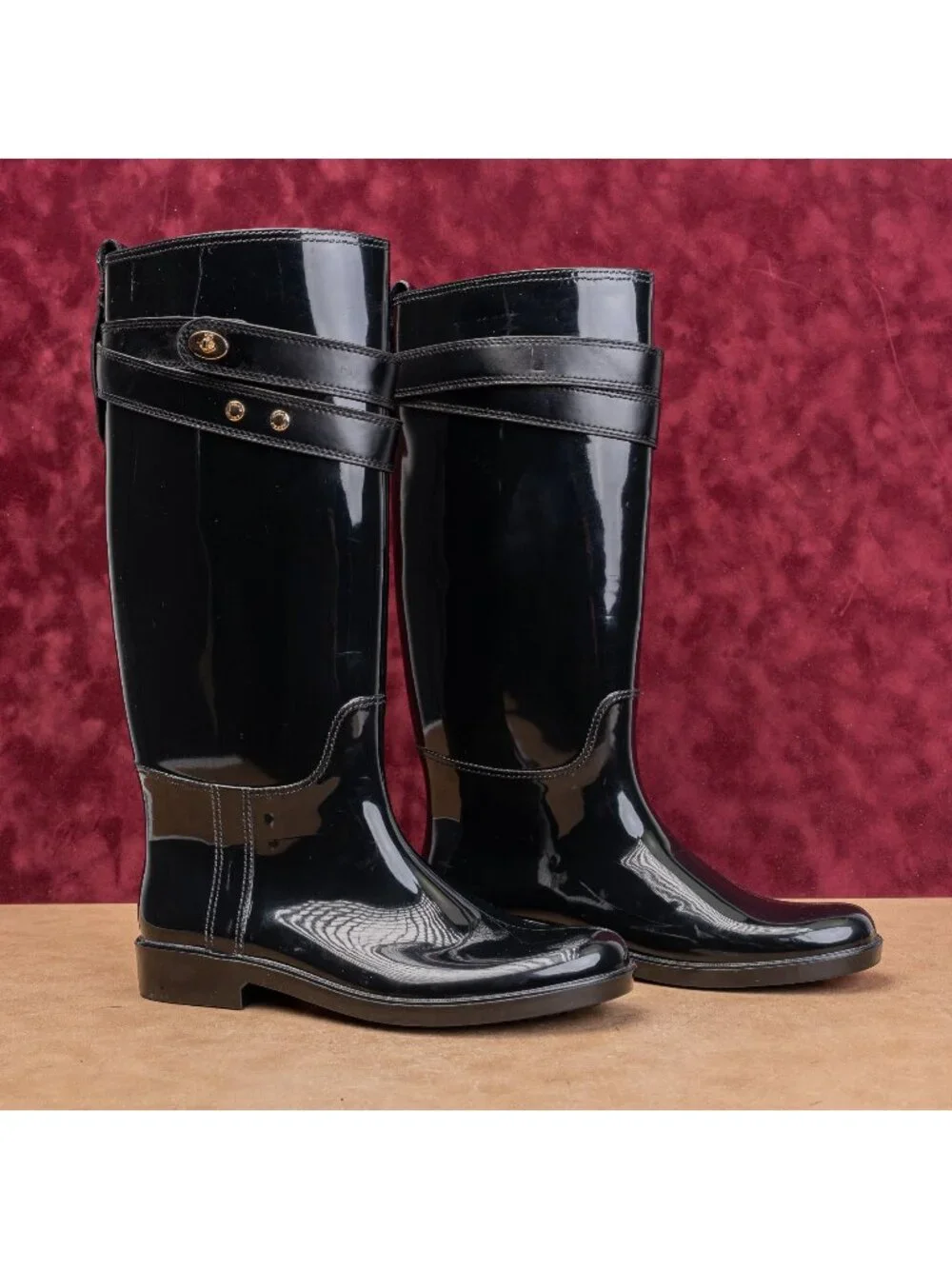 Coach Women Black Gloss Riding Equestrian Wellies Rubber Boots sz 11